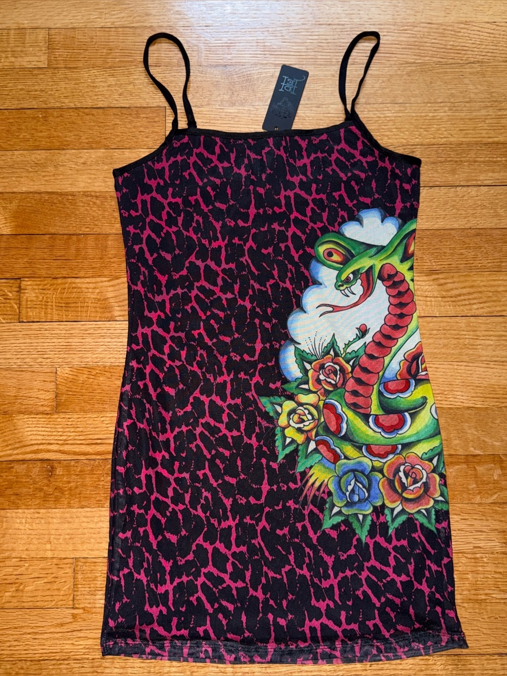 Ed Hardy Leopard Print Snake Logo Mesh Dress Y2K Tattoo Feminine Sz Medium M